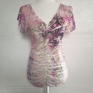 BODY CENTRAL WOMENS V NECK RUCHED SEQUINS TOP